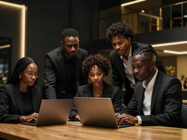 Cinematic editorial photography of young African tech-entrepreneurs collaborating over laptops in a high-status modern business hub, deep blacks and rich gold tones.