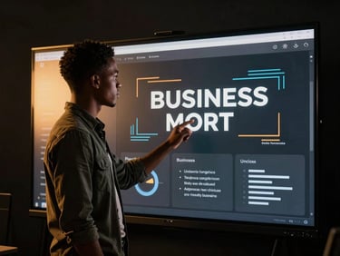 Cinematic editorial photography of a young Equatoguinean man presenting a digital business model on a screen, dramatic golden hour highlights, medium format.