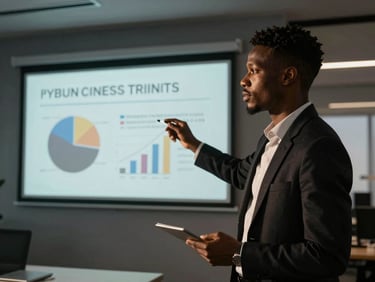 A young African entrepreneur presenting a business slide, dramatic side lighting, modern clean office background, sharp focus.