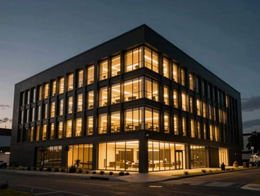 Modern architectural lines of a business incubator building in Malabo at dusk, warm golden interior lights, cinematic framing.