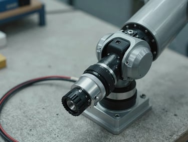 Close-up overhead shot of robot actuator joint and wiring harness on a concrete workshop surface, cool daylight from above, sharp mechanical detail visible, no person present