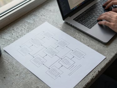 Overhead documentation shot of a logic flow diagram printed on paper beside a laptop showing terminal output, hands partially visible at frame edge, concrete desk surface, cool daylight from a high window, precise and technical framing