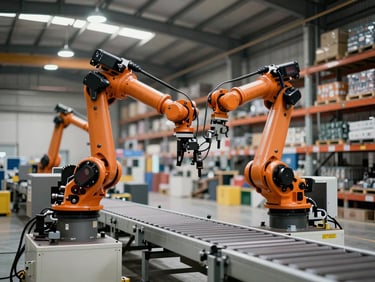 Wide environmental shot of a robot arm operating on a live warehouse conveyor line under industrial ceiling lighting, concrete floor and shelving visible in background, documentary framing showing actual deployment conditions