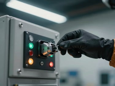 Tight close-up of a gloved hand adjusting a safety interlock mechanism on a robot control panel, cool overhead fluorescent lighting, steel housing and indicator lights in sharp focus, no faces visible