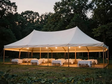 Wide-angle shot of a grand white sailcloth tent interior at twilight, intricate structural beams, warm downlighting, empty elegant tables, deep forest green tones outside.
