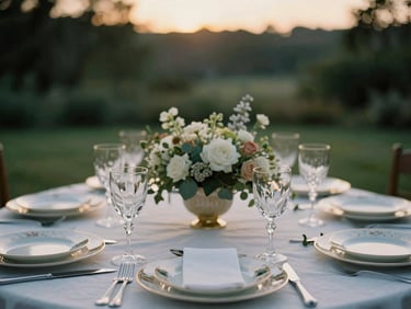 Close-up macro shot of an elegant tablescape at golden hour, crystal glassware, fine china, soft linen, delicate floral centerpiece, warm ambient light, deep forest green accents.
