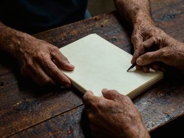 Close-up of weathered hands holding a worn notebook on a dark wooden table, harsh single light source, deep shadows