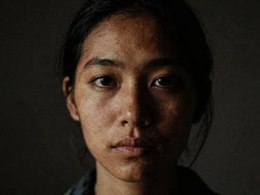 Close-up portrait of a woman with quiet, intense eyes, dramatic low-key lighting, dark charcoal background, raw film grain