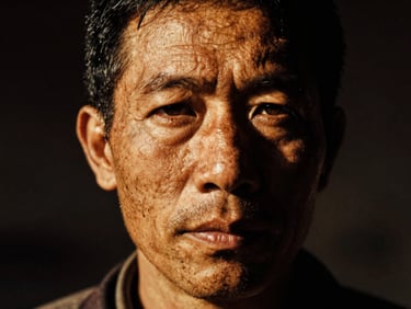 Close-up portrait of a weathered man in his late 40s, deep shadows, warm tungsten light, raw film grain, 35mm lens