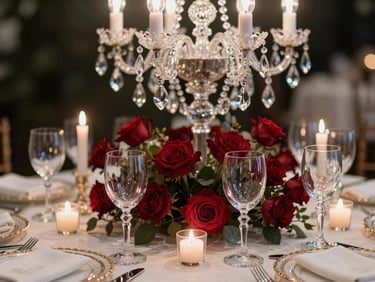 Close-up medium shot of a wedding table vignette — crystal chandelier drops reflected in polished glassware, deep ruby rose centrepiece, ivory linen with gold-thread detail, candlelight as the primary light source, no people, editorial still-life framing
