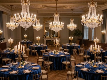Wide environmental shot of a gala dinner setup — vast hall with multiple crystal chandeliers illuminated in warm gold, round tables dressed in deep sapphire velvet, metallic gold candelabras, dramatic candlelit atmosphere, no guests visible, magazine editorial framing from a slightly elevated angle