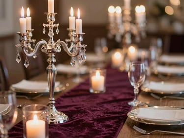 Close-up editorial frame of a fully dressed gala dinner table — deep amethyst velvet runner, tall crystal chandelier arms reflected in polished silver candelabras, glassware catching warm candlelight in the foreground, the far end of the table dissolving into golden bokeh, no people, no daylight