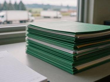 Close-up of a neat stack of green compliance folders and a logbook on a clean office desk, natural window light, 35mm