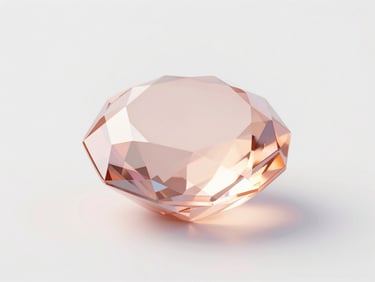 Abstract 3D render of a glowing, soft rose gold gemstone with subtle iridescent reflections, centered in a clean geometric composition, studio lighting.