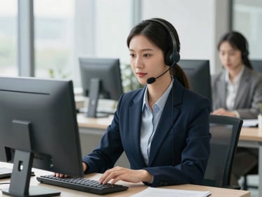 Professional customer service representative assisting a client, modern office background, bright natural light, professional navy and grey tones, sharp focus, 35mm lens