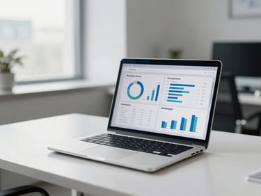 Clean office desk with a laptop displaying marketing analytics charts, professional and bright.
