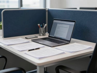 Organized office desk with laptop, documents, and stationery, professional administrative workspace, bright natural light, professional navy and grey tones, sharp focus, 35mm lens