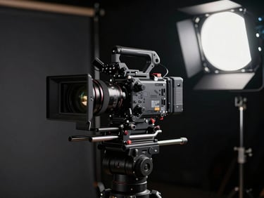 Moody behind-the-scenes shot of an active production set, professional cinema camera rigged on a stabilizer, dramatic key light, dark studio background.