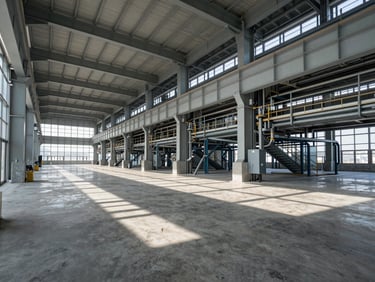 Wide architectural perspective of a modern industrial plant interior, clean concrete floors, high ceilings, structured metallic beams, cool daylight casting sharp geometric shadows