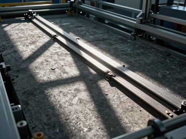 Vista cenital de líneas geométricas en una planta de ensamblaje automatizada, iluminación fría de día, alto contraste con sombras marcadas