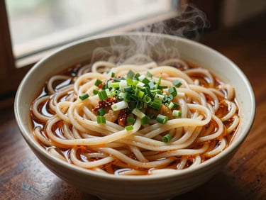 Overhead view of a steaming bowl of local noodles with fresh garnishes, rich saturated tones, natural window light.