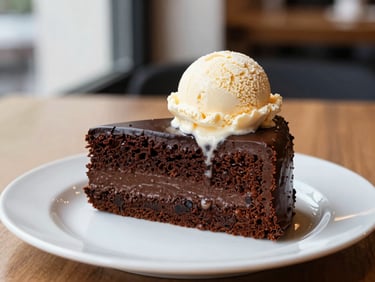 Slice of rich chocolate cake with a scoop of ice cream on a plate, warm cafe background, natural light.