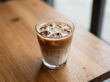 Overhead shot of an iced latte in a clear glass on a wooden table, warm light, shallow depth of field.