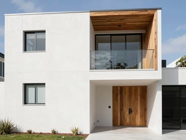 Bright architectural photography of a modern Adelaide home exterior, crisp natural daylight, clean white minimalist concrete walls, warm timber accents, sharp focus, 35mm