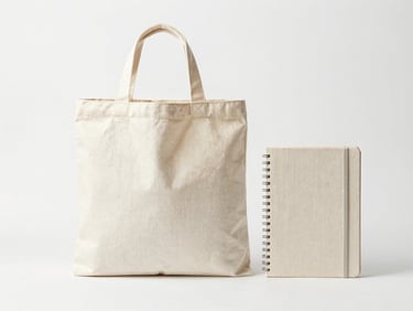 Minimalist studio shot of a high-quality canvas ecobag and a matching linen-bound notebook, clean fabric textures, soft natural side lighting