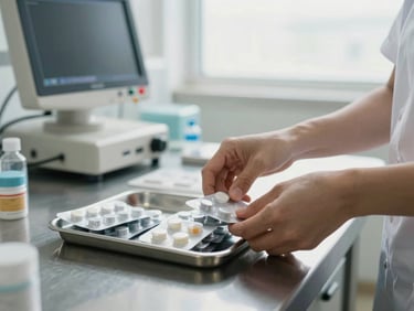 Close-up medium shot, soft clinical overcast light: a nurse's hands arranging a medication tray with labeled blister packs on a stainless steel clinical surface, monitoring equipment visible out of focus in background, no posed faces, no golden hour, cool white light