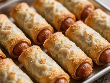 Gourmet sausage rolls styled elegantly on a serving tray, warm side light, shallow depth of field