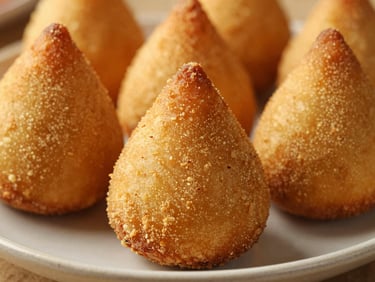 Crispy golden coxinha on a ceramic plate, macro view showing texture, shallow depth of field, warm side lighting