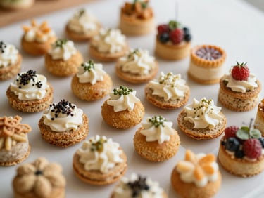 A beautiful curated platter of assorted mini savories, ready for a high-end event, elegant presentation