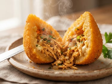 Warm editorial food photography, extreme close-up of a golden-brown coxinha cut open showing steaming shredded chicken filling, soft natural side-light, rich golden tones, shallow depth of field
