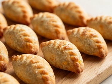 Artisanal cheese risoles, golden brown, served on a wooden board, warm natural light