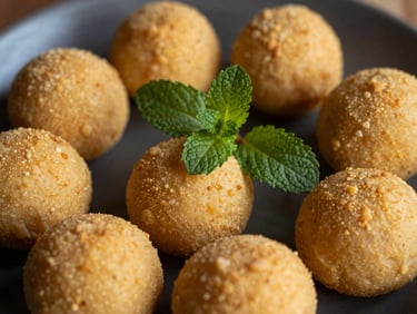 Traditional Brazilian kibe with fresh mint leaves on a dark plate, moody lighting, close-up