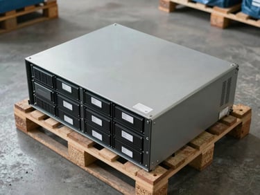Tight overhead shot of a storage array unit on a warehouse pallet, drive bays exposed, asset tag affixed, concrete floor visible, daylight warehouse ambient light