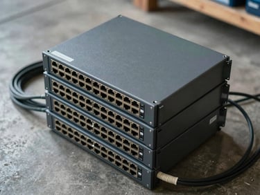 Overhead close-up of stacked network switches and patch panels on a warehouse floor, port labels visible, cables coiled beside them, daylight warehouse lighting, industrial concrete background