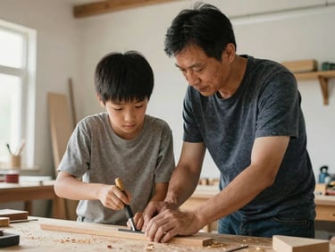 Medium shot of an adult mentor patiently guiding a younger student using a woodworking tool in a bright workshop, both focused on the task, natural daylight, warm organic tones, documentary film photography.