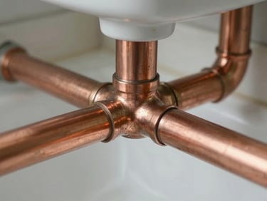 Close-up of clean copper pipes under a bathroom sink, perfectly sealed joint, crisp natural lighting