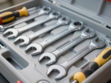 Close-up of a neatly organized modern toolbox with professional wrenches and screwdrivers, bright daylight, clean slate gray background