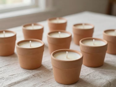 Elegant custom wedding favors, miniature soy candles in soft terracotta EcoResin pots, arranged on a linen tablecloth under warm morning light