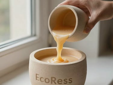 Close-up of hands pouring warm soy wax into a textured beige EcoResin vessel, soft morning window light, shallow depth of field, warm editorial photography, 35mm