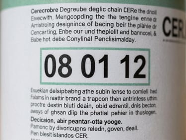 Macro shot of a clean paint can label showing technical data and CER code 08 01 12, bright overcast daylight, high detail, 35mm lens