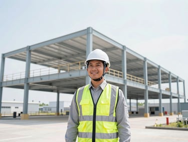 Indonesian construction trainee in safety gear and helmet standing in front of a modern steel structure in Japan, bright sky