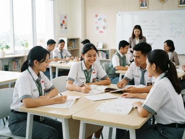 Indonesian vocational students in clean uniforms practicing Japanese language in a modern classroom, bright natural light, optimistic atmosphere, 35mm lens