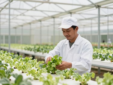 Indonesian worker in clean uniform harvesting fresh vegetables in a modern Japanese greenhouse, bright daylight
