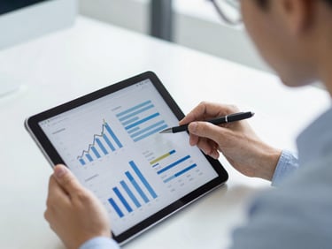 Close-up of a business owner analyzing financial charts on a tablet, modern bright workspace, sharp focus