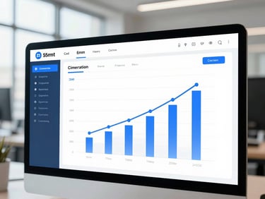 Clean dashboard interface displaying growth metrics, cool blue and white tones, sharp focus