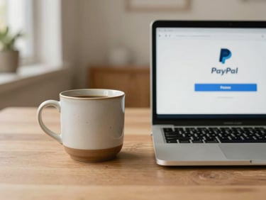 A ceramic coffee cup next to a laptop showing a PayPal confirmation screen, warm home office environment, 35mm